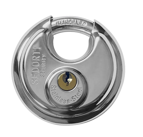 SEDORTI Discus padlock shackle with hardened steel for stronger bolt-cutting resistance.