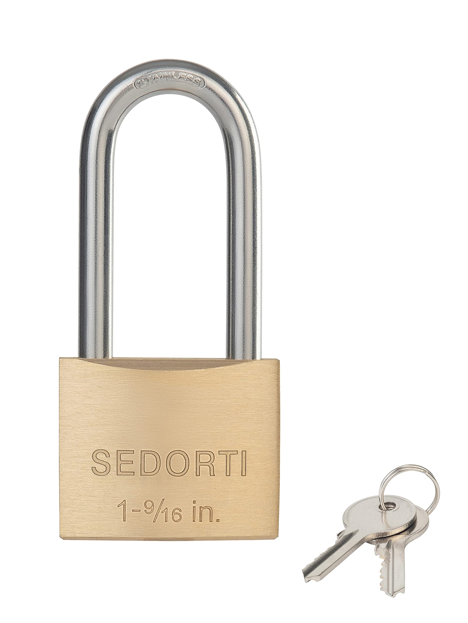 Sedorti padlock with long 304 stainless shackle, built for corrosion resistance.