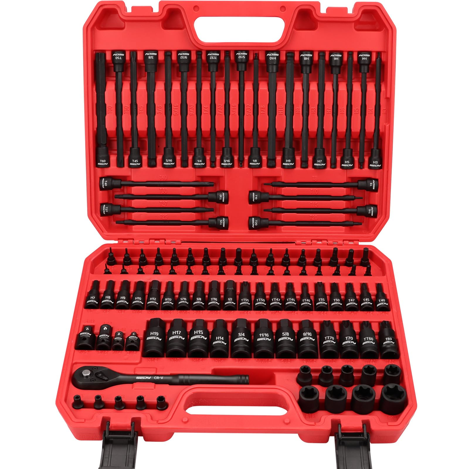 SEDY 112-piece torx socket set displayed with its case for versatile auto and home repairs