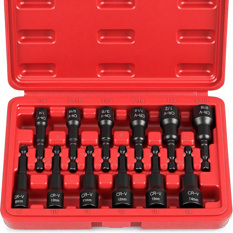 SEDY 12-piece magnetic nut driver set laid out with SAE and metric bits.