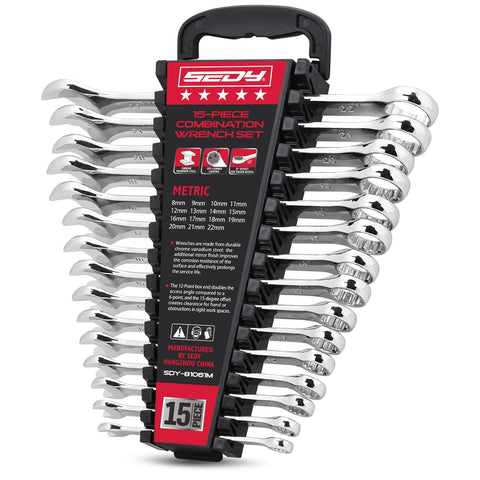 SEDY 15-piece metric wrench set with 8-22mm sizes for versatile garage tasks.