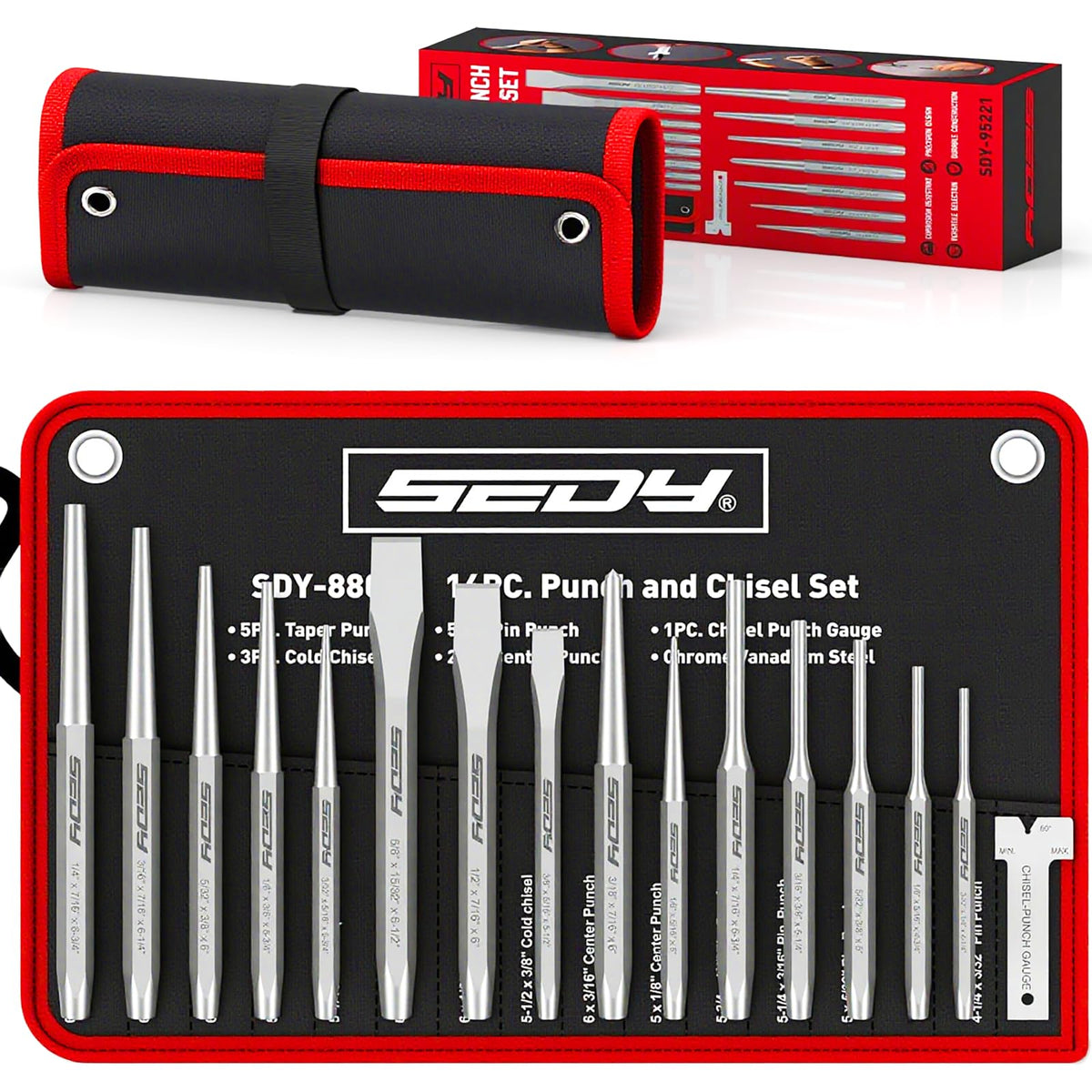 SEDY 16-piece punch set with roll pouch for quick, organized access
