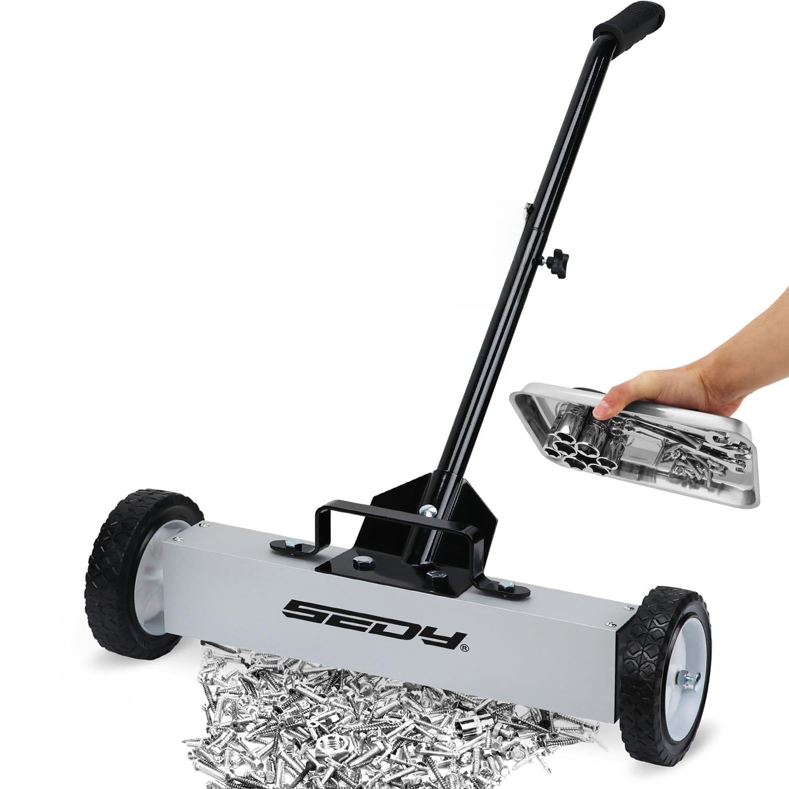 SEDY 18-inch rolling magnetic sweeper base collects metal debris on a workshop floor