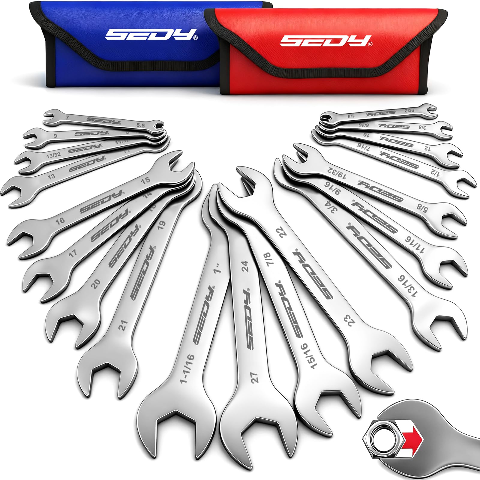 SEDY 19-piece super thin open-end wrenches arranged in a row for tight-space precision