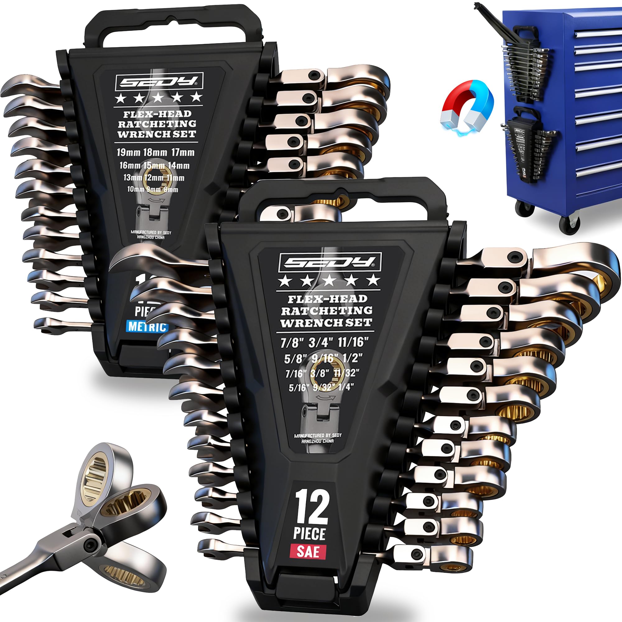 SEDY 24-piece flex-head ratchet wrenches front view for organized, efficient workflow.
