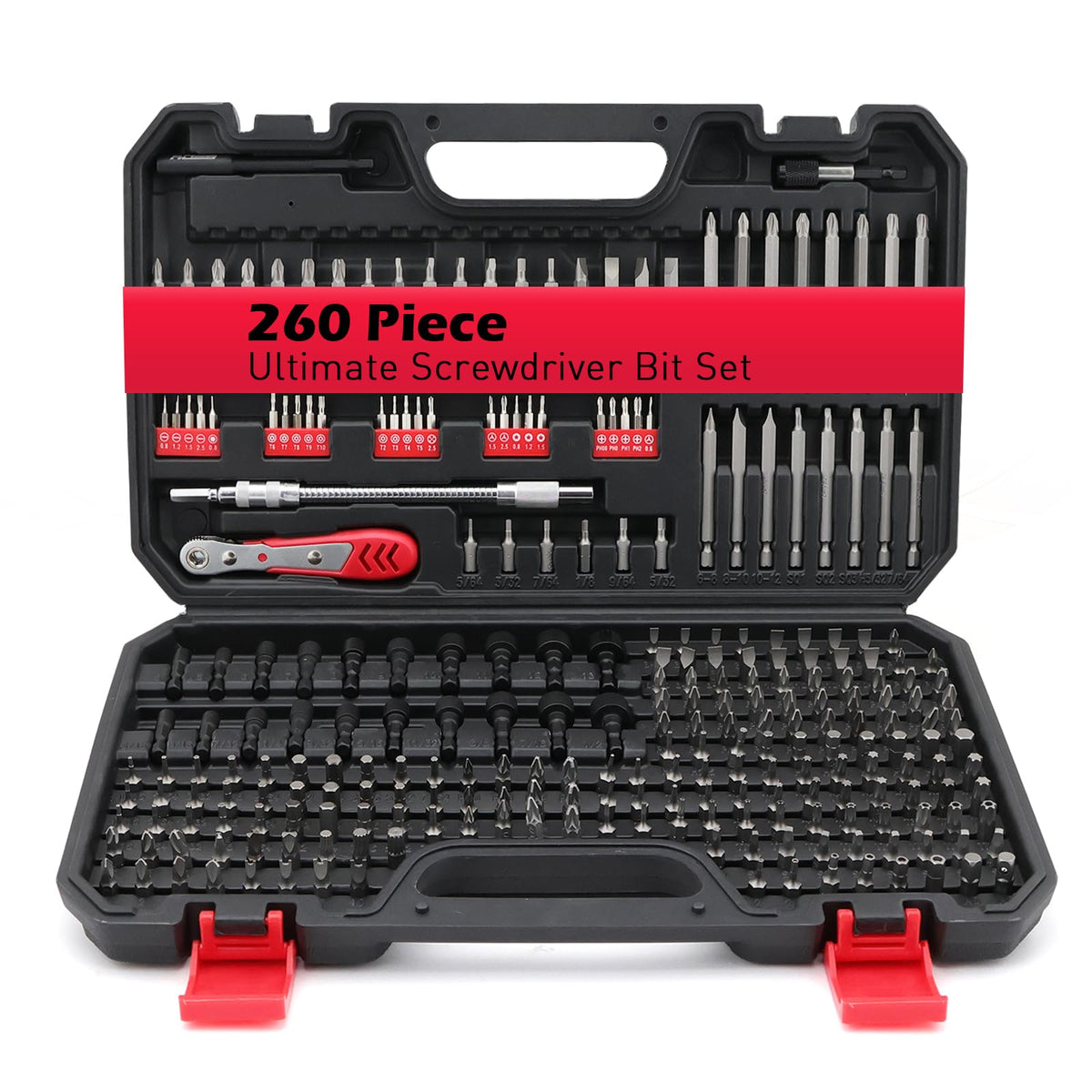 SEDY 260-piece bit set in a case shows organized slots for quick access