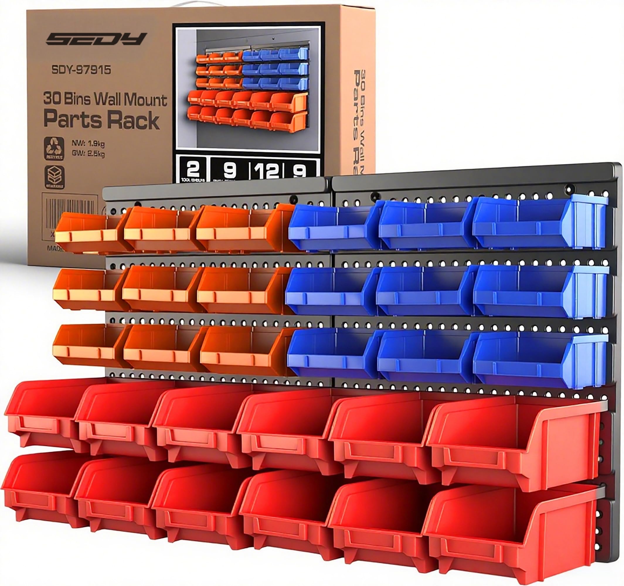 SEDY 30-bin wall-mount system front view showing organized compartments for quick access