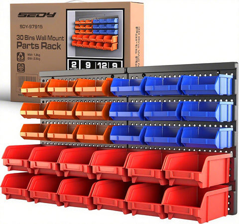 SEDY 30-bin wall-mount system front view showing organized compartments for quick access