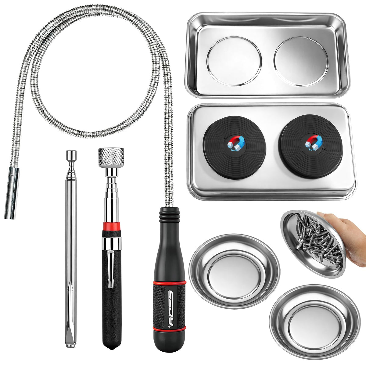 SEDY 6-piece magnetic pickup tools set layout for organized garage use.