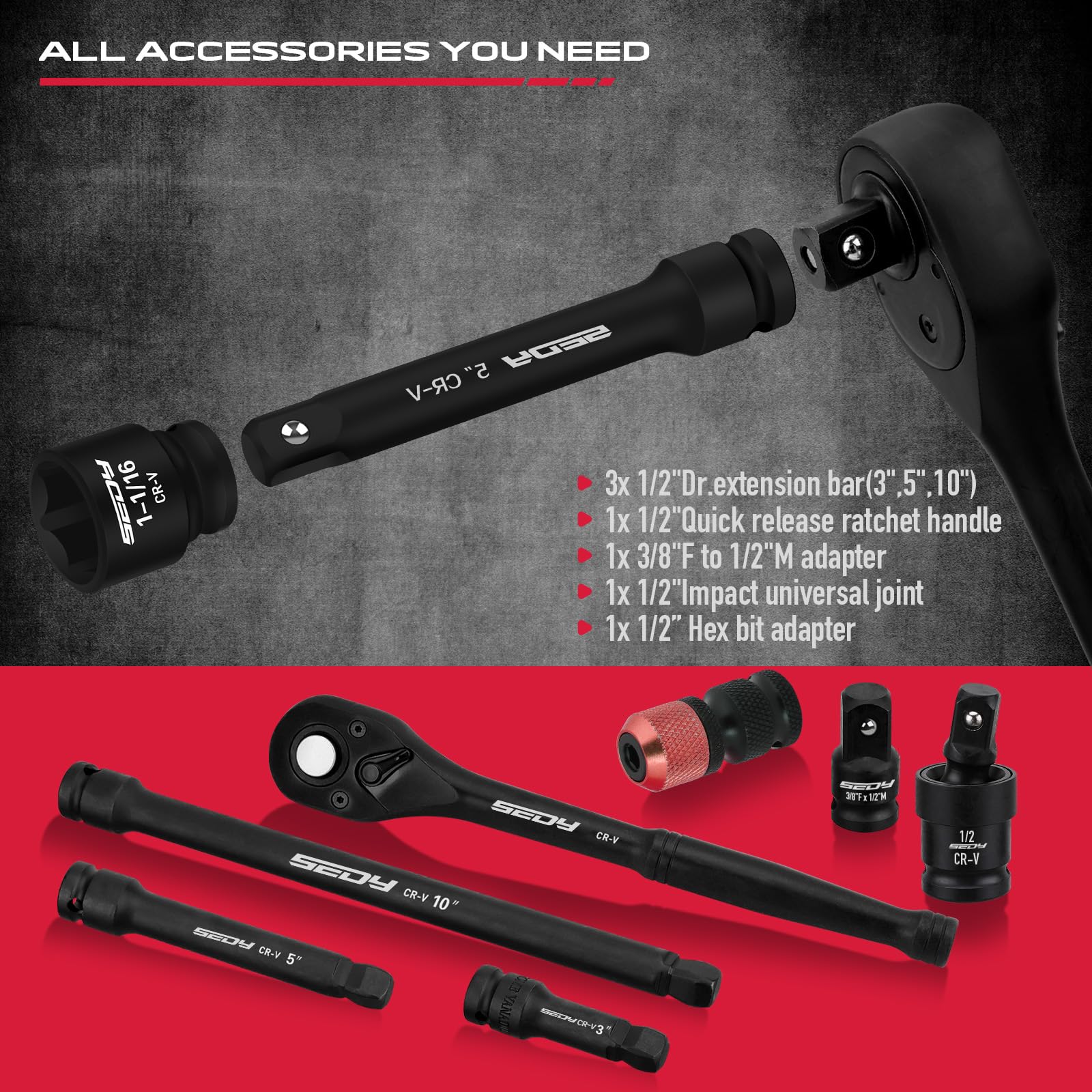 SEDY 6-point sockets provide secure grip and reduce rounding.