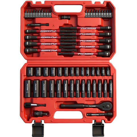 SEDY 63-piece metric socket set with quick-release ratchet for automotive and DIY tasks.