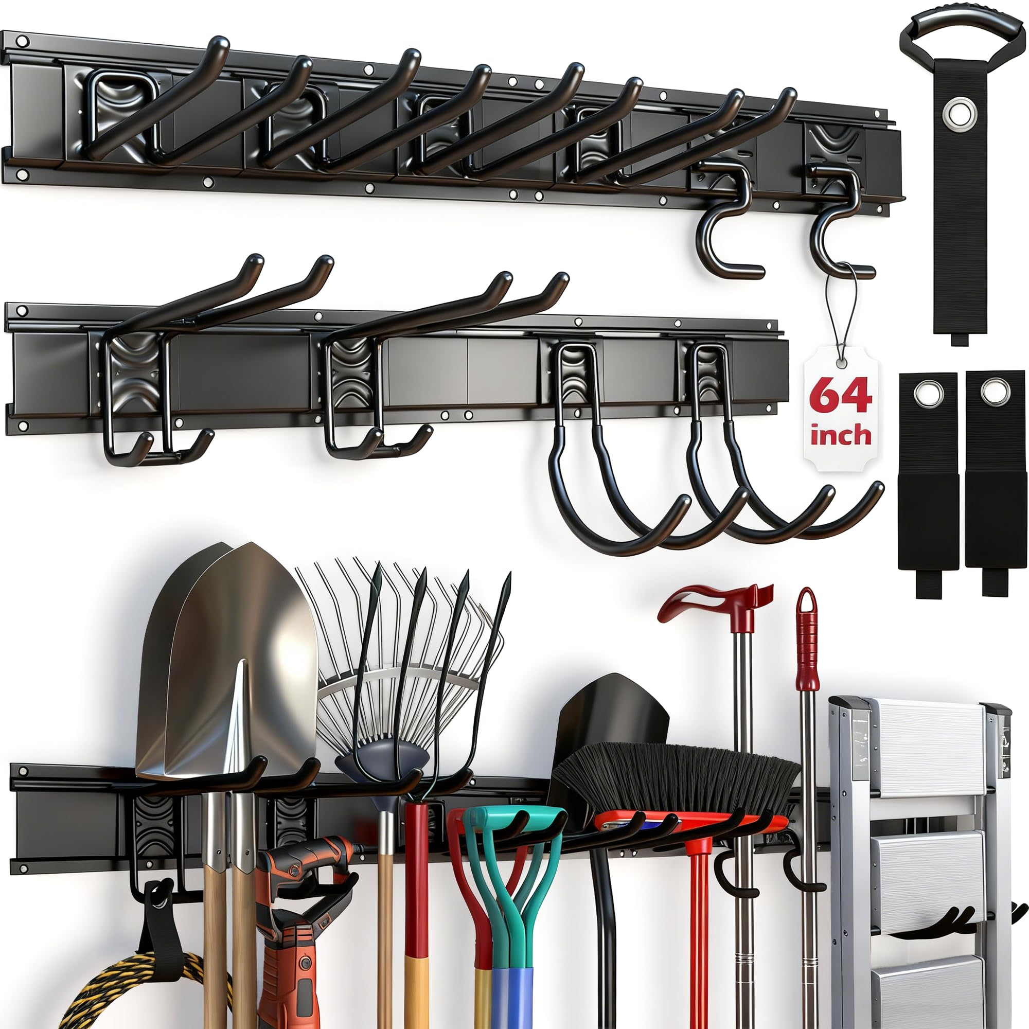 SEDY 64in heavy-duty wall-mount rack with adjustable hooks for organized garage storage.