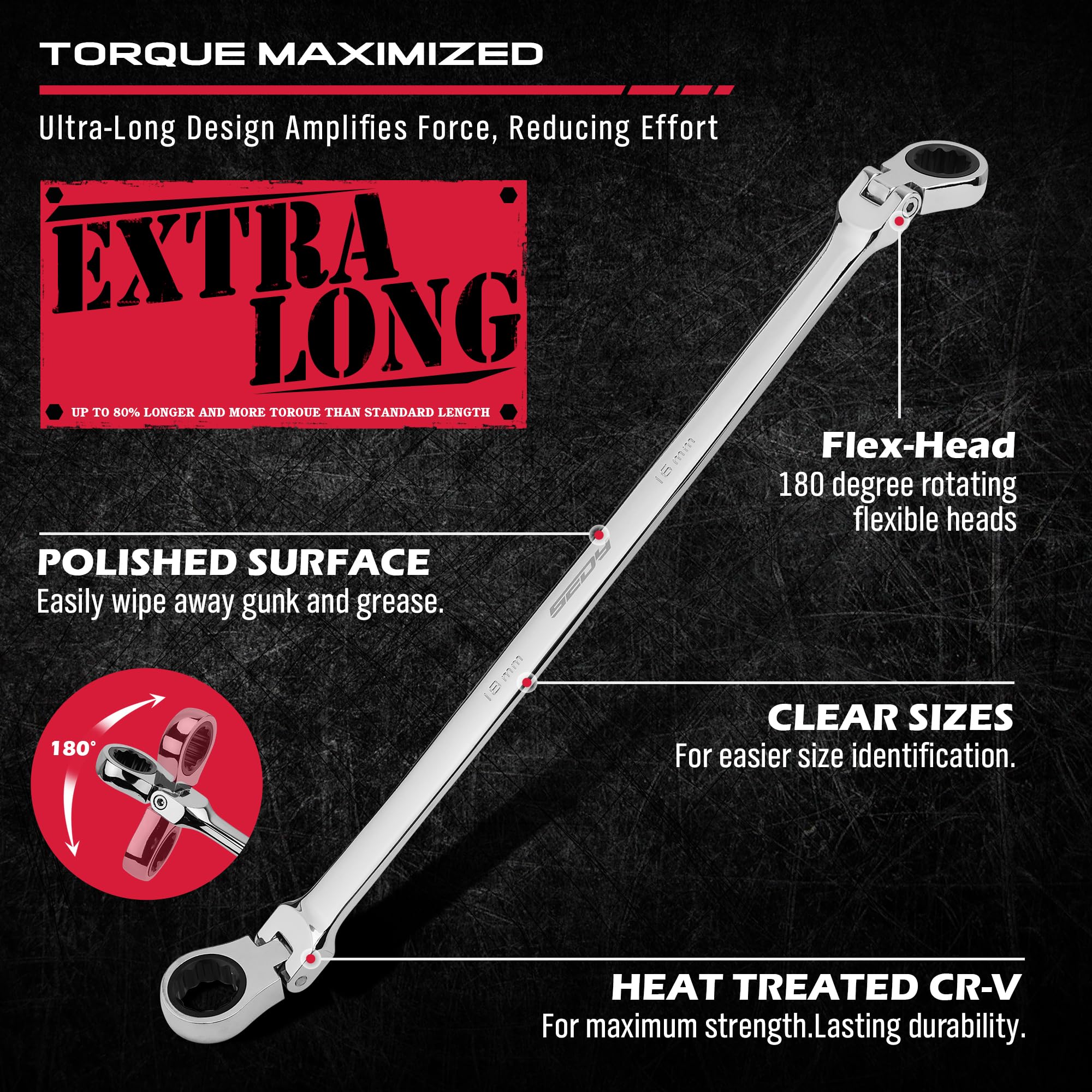 SEDY 72-tooth ratchet with 5-degree swing provides smooth engagement in tight spots.