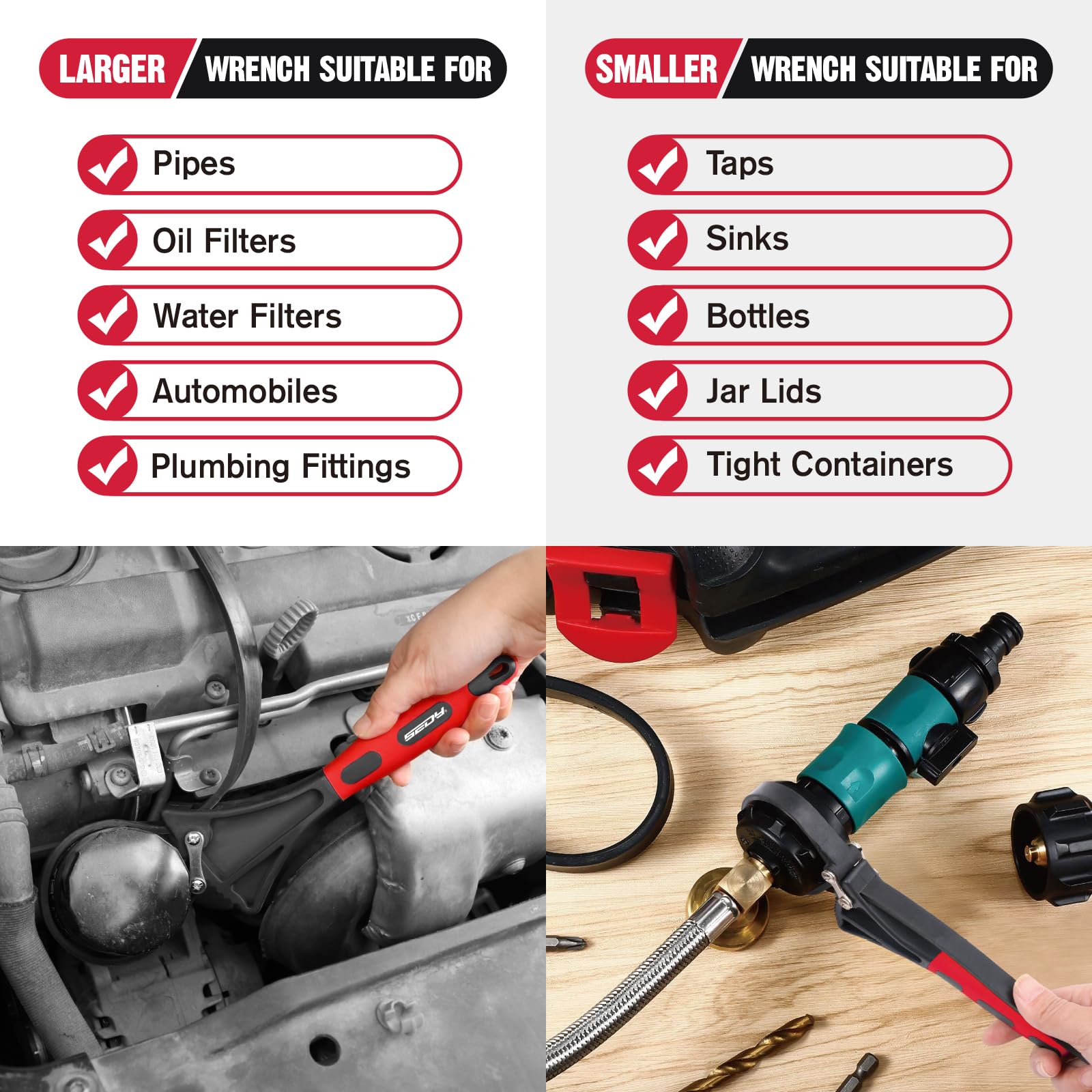 SEDY anti-slip rubber strap ensures a secure grip during tightening and loosening