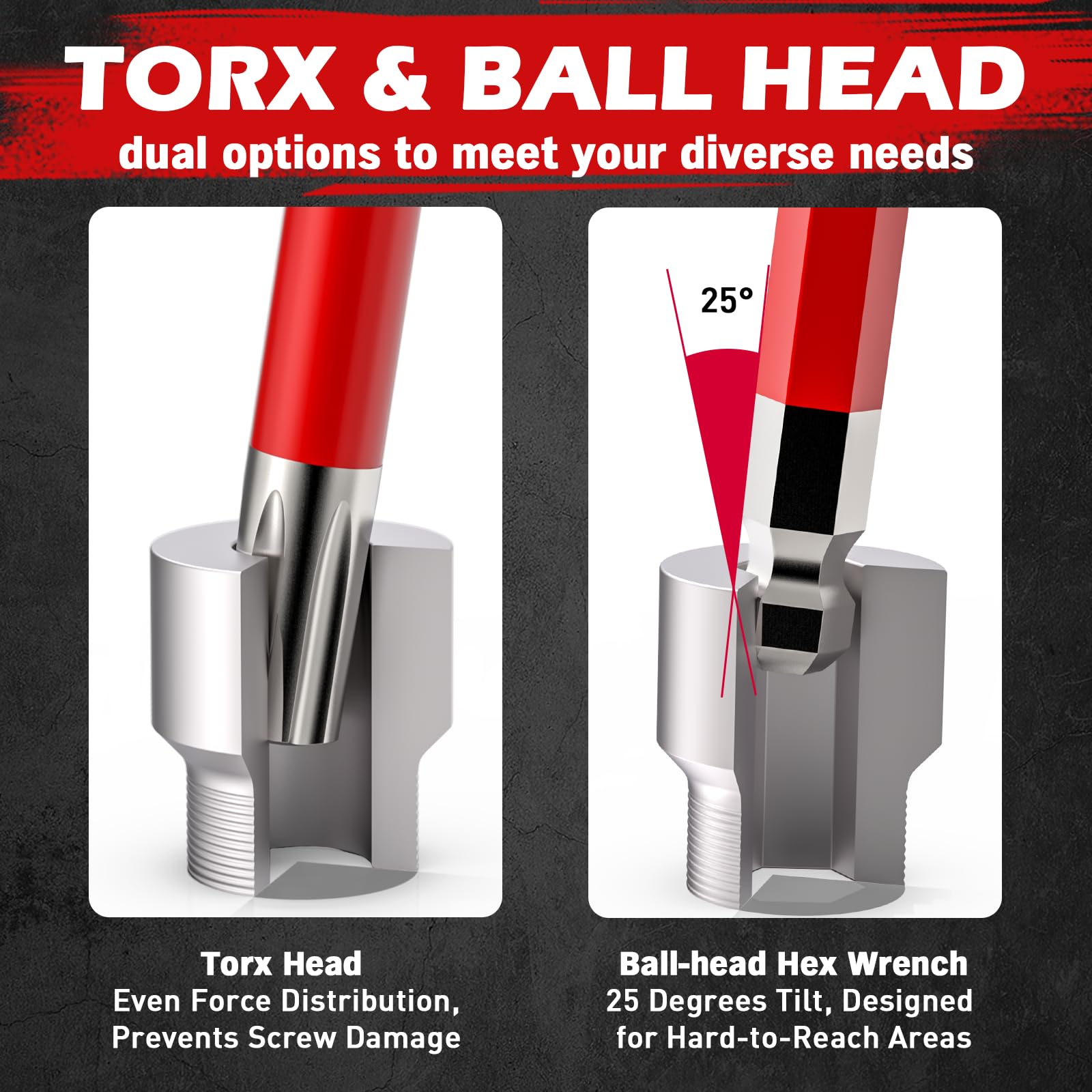 Sedy ball-end hex key for angled entry in tight holes.