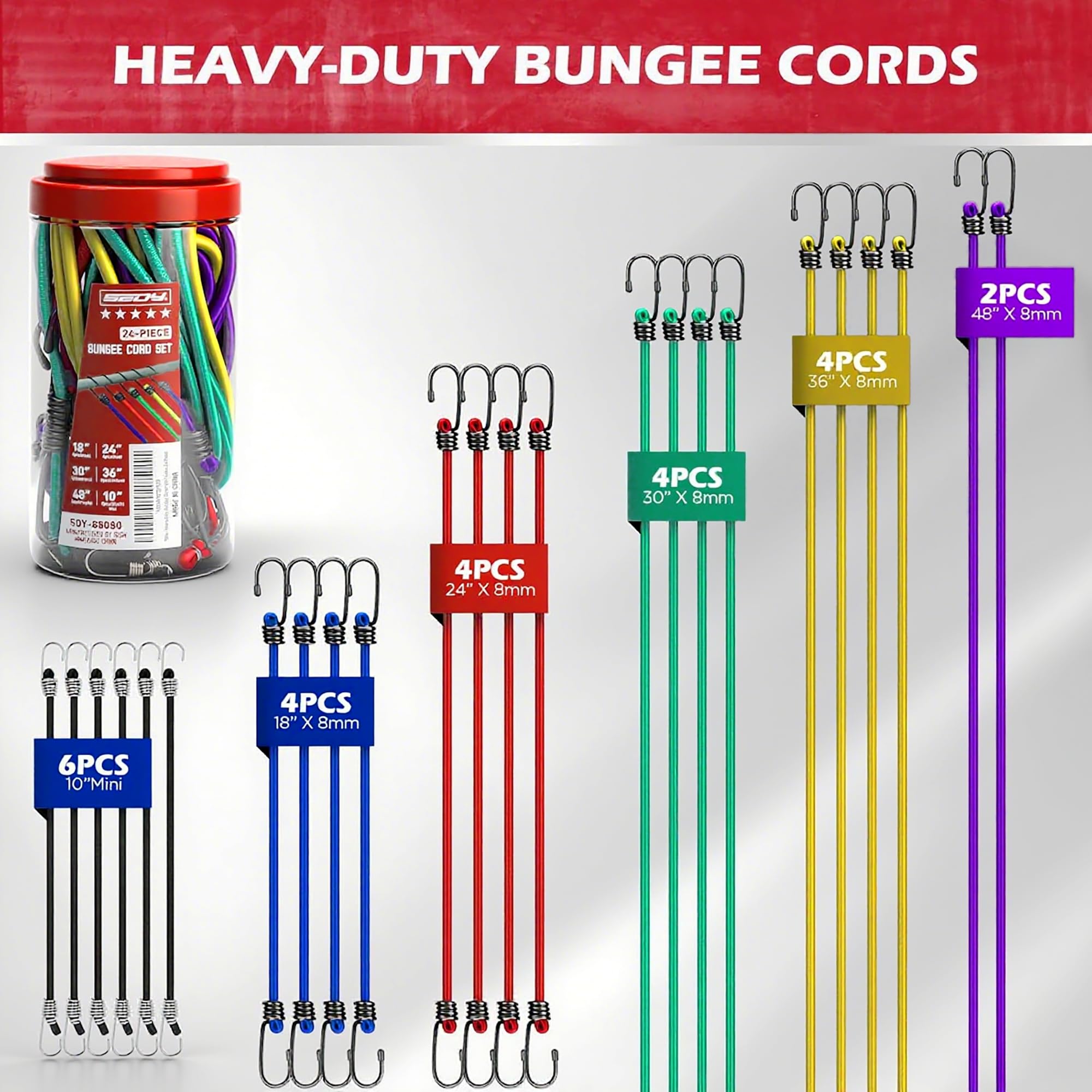 SEDY 10-inch bungee cord with hook for compact securing of small items.