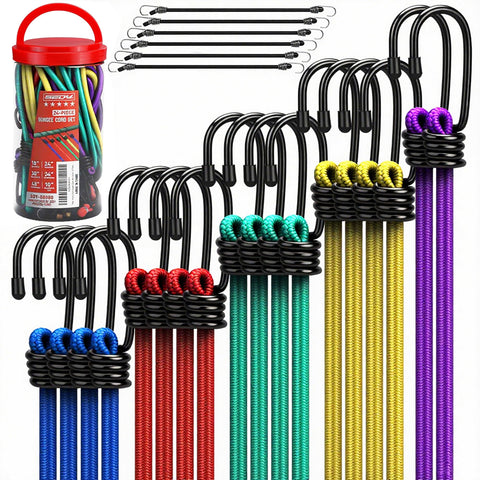 SEDY bungee cords in a 24-piece storage jar for easy outdoor organization.