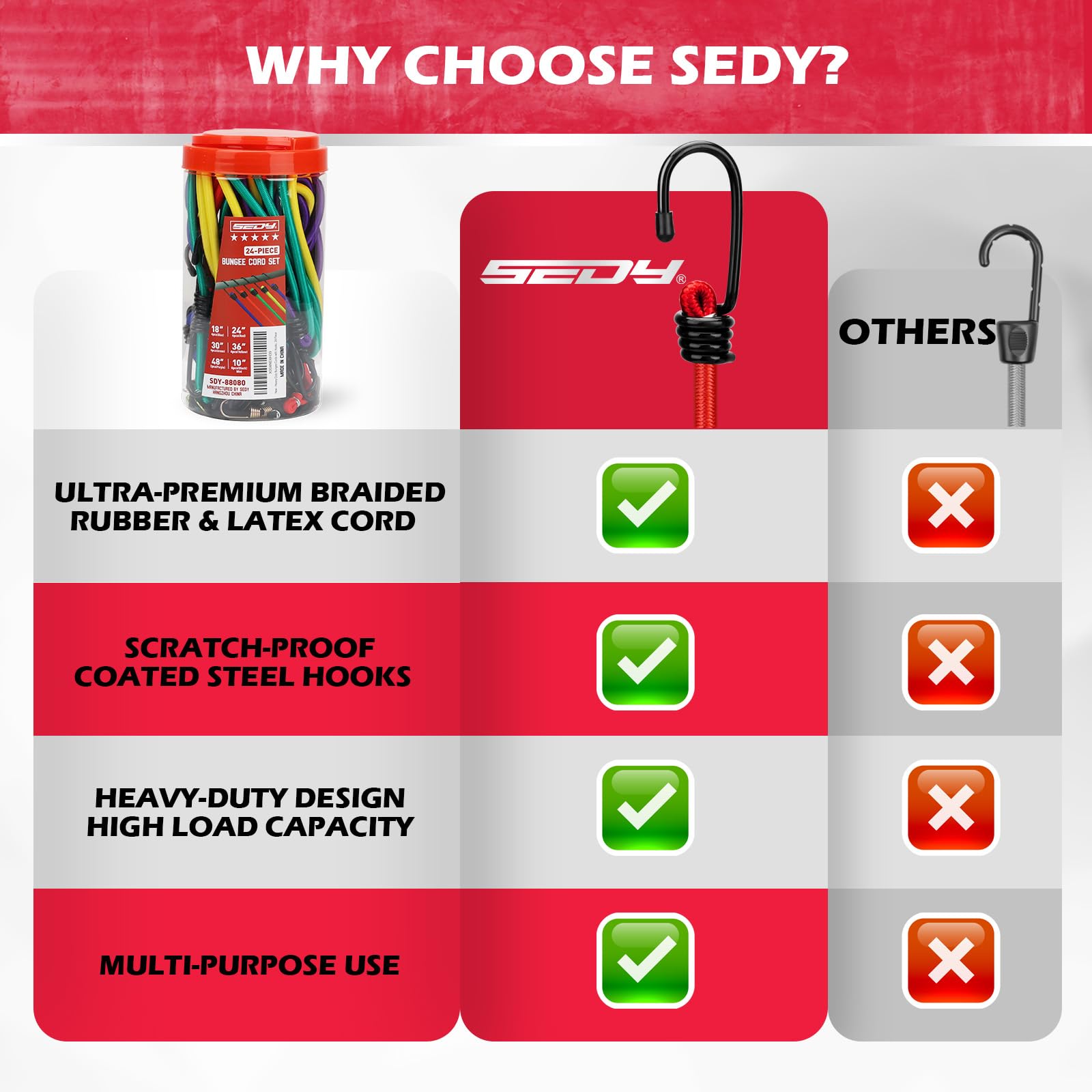SEDY 48-inch bungee cord with hook for long reaches.