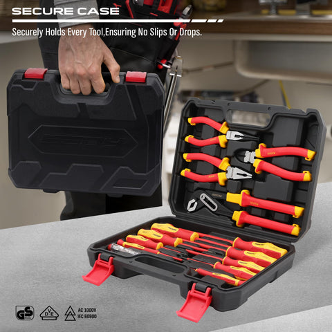 Compact SEDY toolbox keeps the 14-piece set organized on the go.