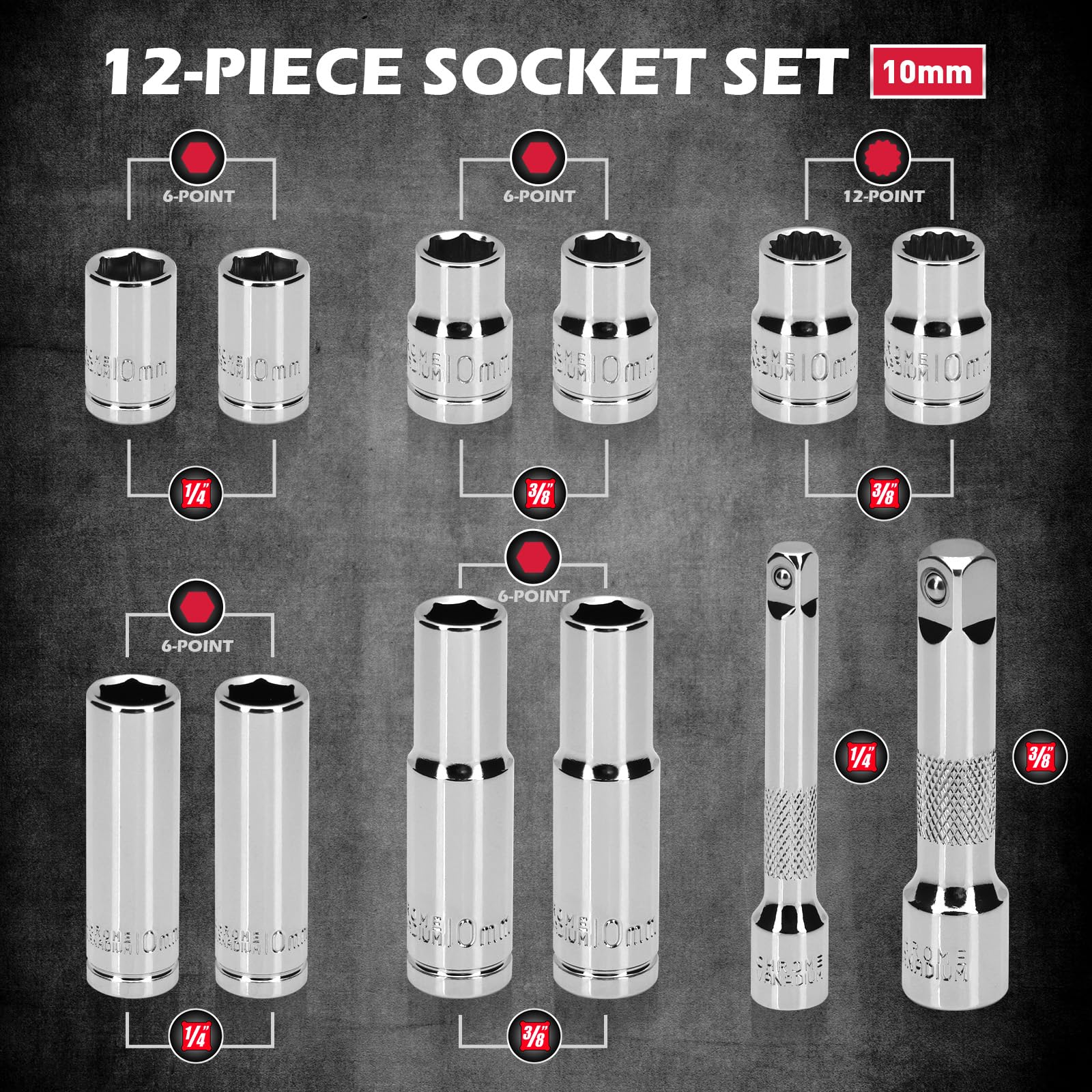 SEDY 10mm deep sockets offer extended reach in tight spaces.