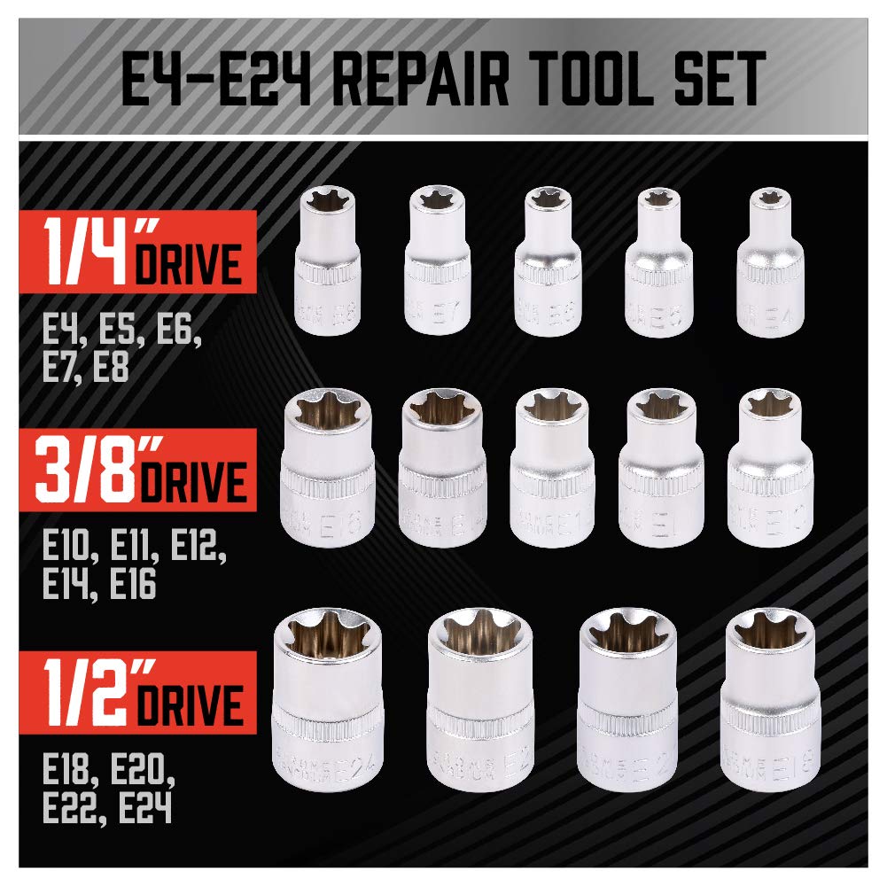 SEDY chrome vanadium steel e-TORX sockets for durability.