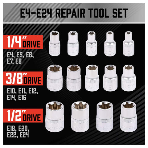 SEDY chrome vanadium steel e-TORX sockets for durability.