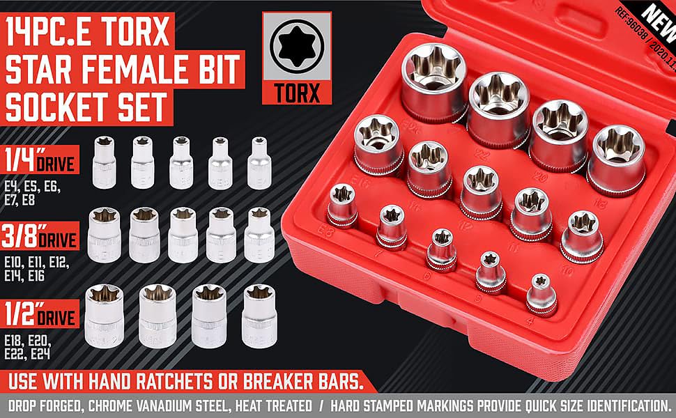 SEDY e-TORX sockets lined up by size for quick selection.