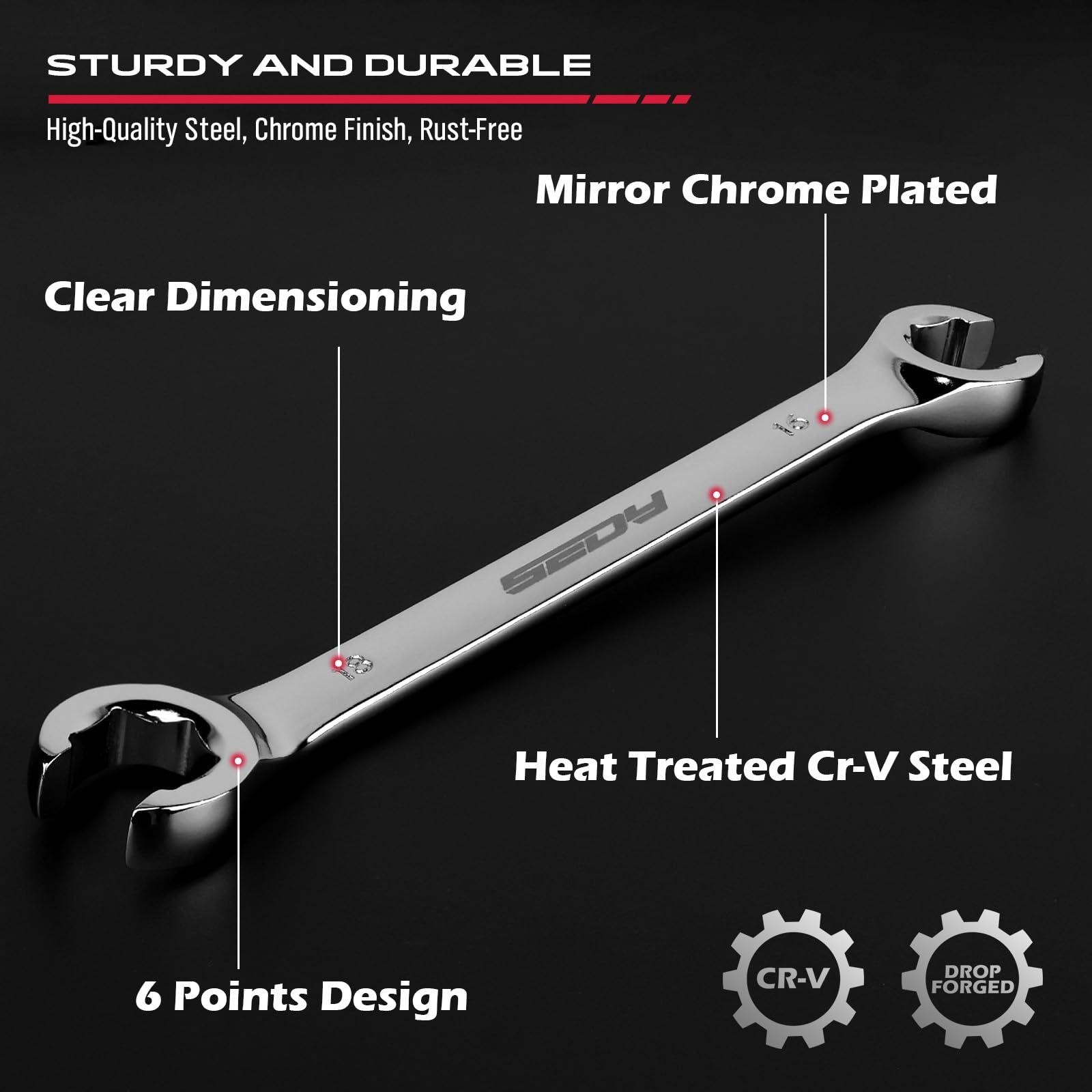 SEDY wrench set showcasing 15-degree offset heads for tight space access.