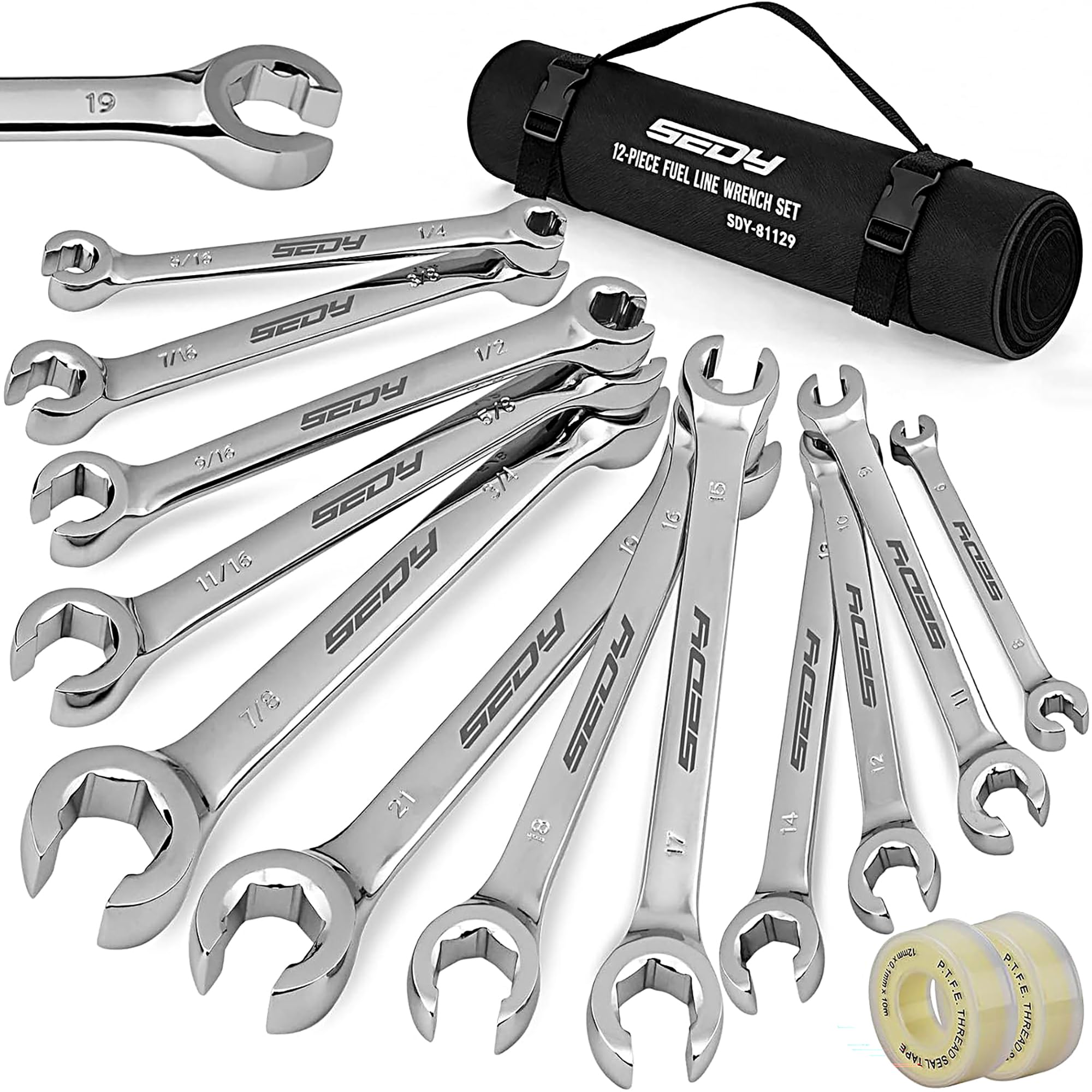 SEDY flare nut wrench set organized in the pouch for quick brake line repairs.