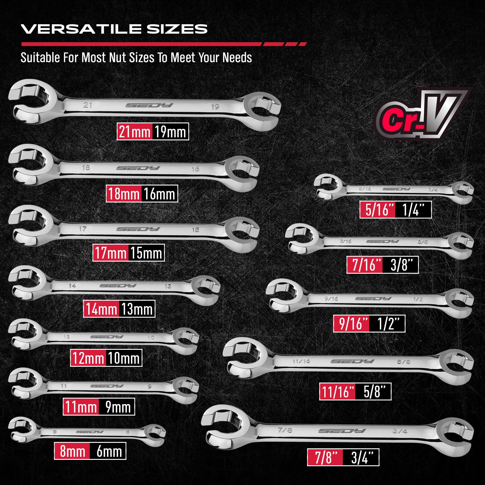 SEDY flare nut wrenches with SAE and metric sizes for versatile automotive tasks.