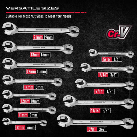 SEDY flare nut wrenches with SAE and metric sizes for versatile automotive tasks.