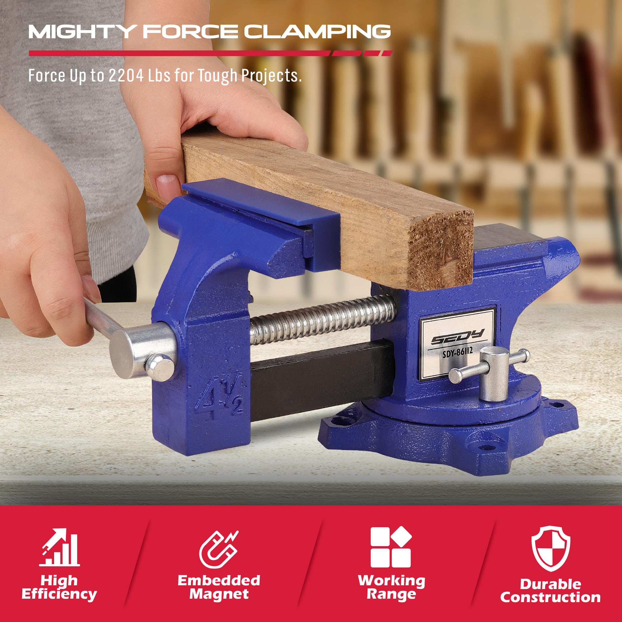 SEDY heavy duty bench vise side view highlights 4.5-inch width for versatile gripping