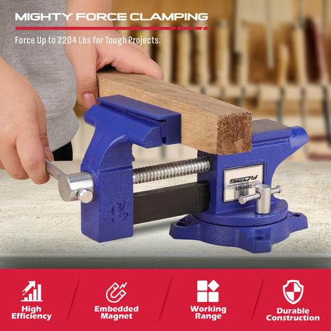 SEDY heavy duty bench vise side view highlights 4.5-inch width for versatile gripping