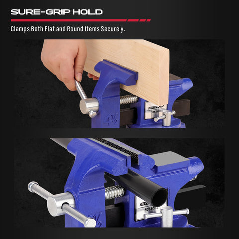 SEDY bench vise with 240-degree swivel base enables flexible positioning