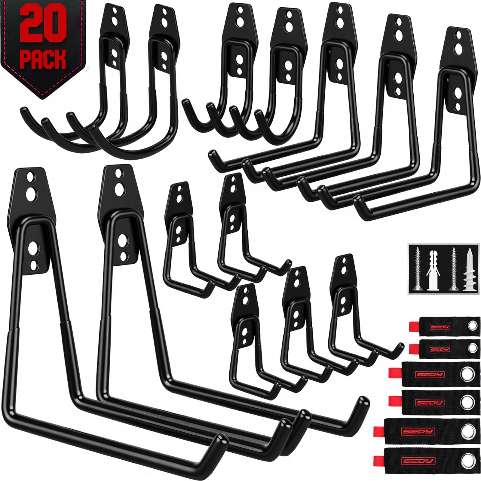 SEDY heavy-duty garage hook set front view showing solid steel build for organized storage