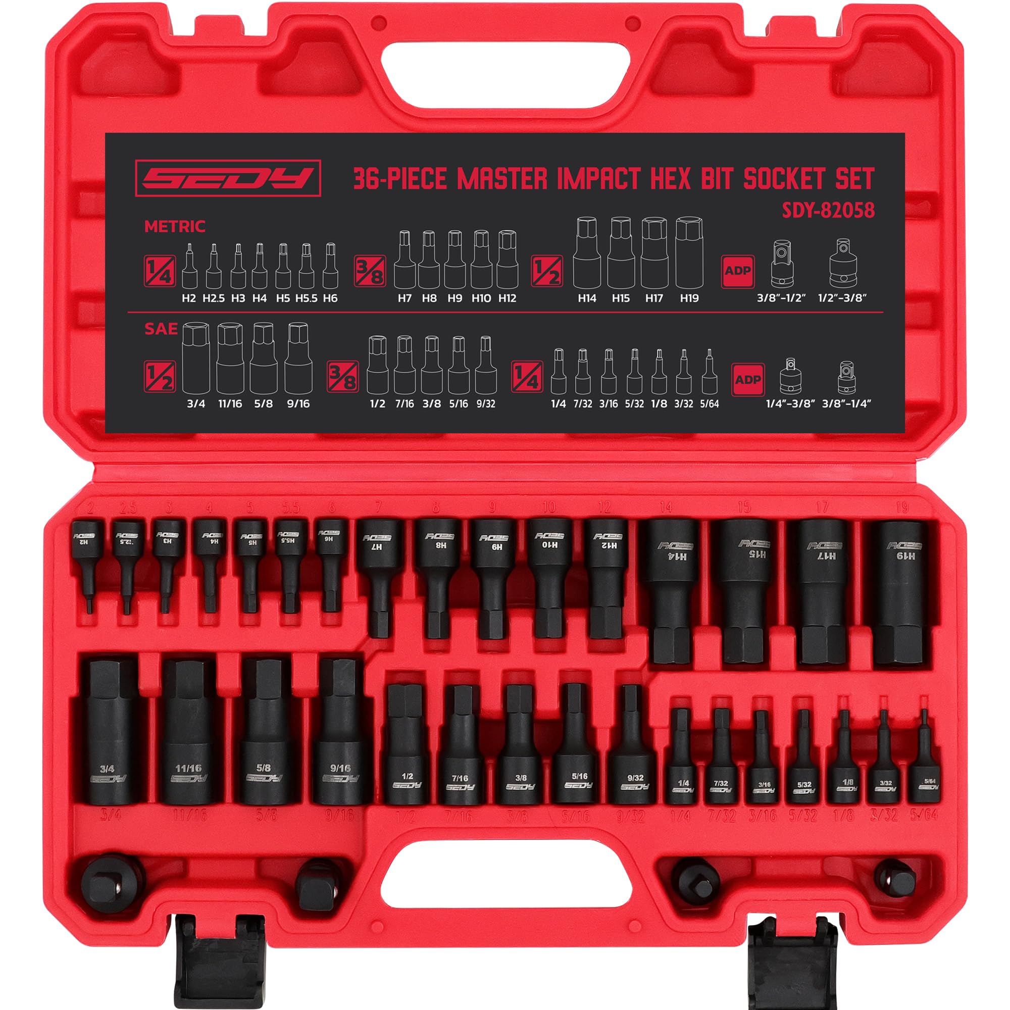 SEDY hex-bit impact socket set 36-piece shown in a professional automotive setup