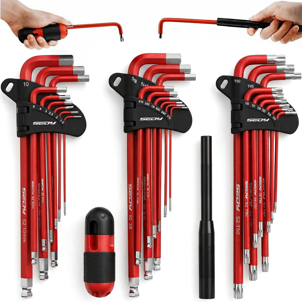 Sedy long-arm ball-end hex torx set with grip handle for tight spaces.