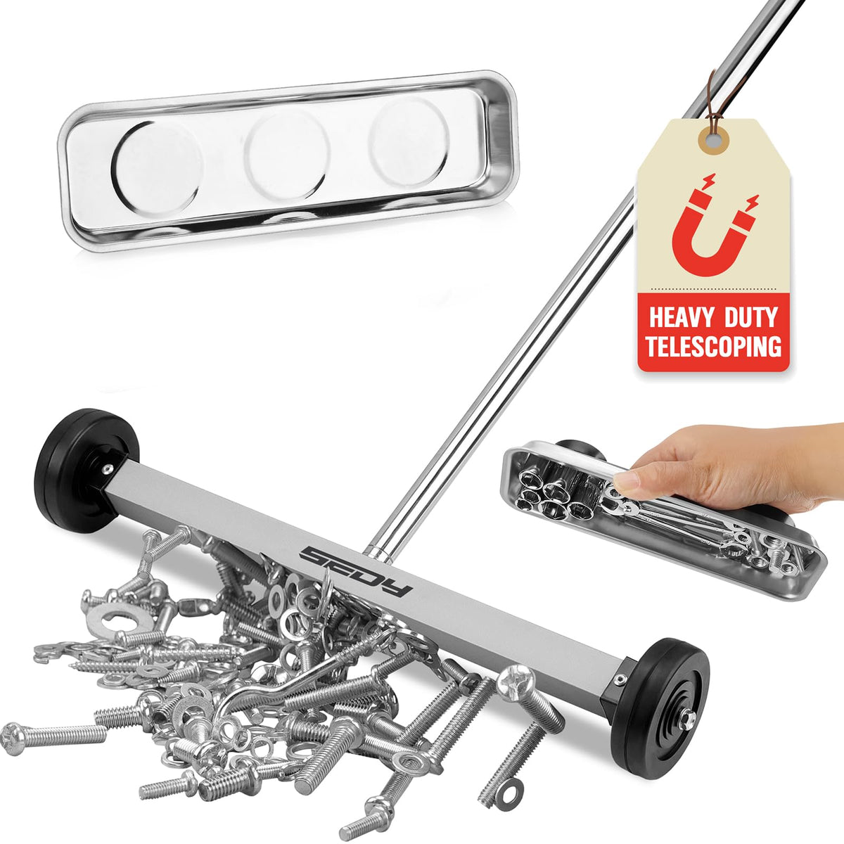 SEDY Magnet Sweeper with a 17-inch pickup head captures nails and screws quickly.