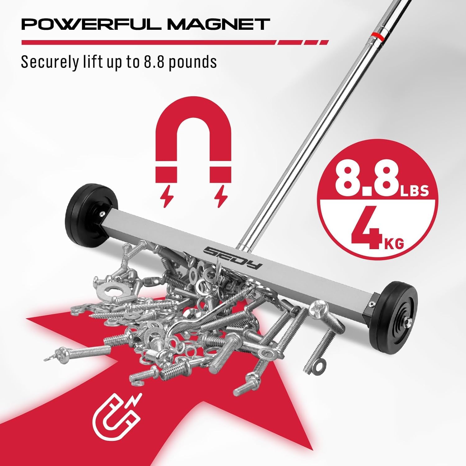 SEDY Magnet Sweeper's telescoping handle reaches tight spaces without bending.