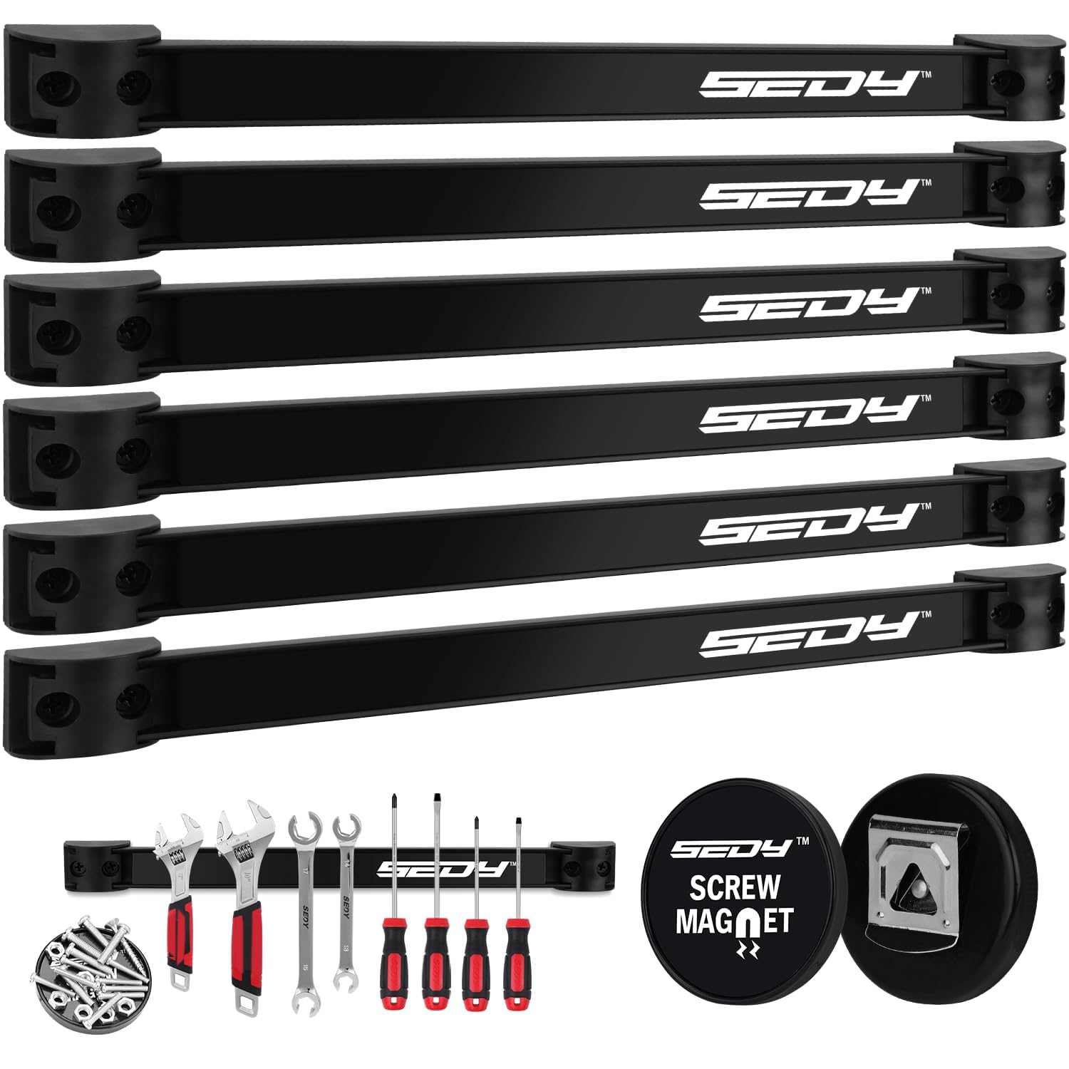 SEDY magnetic tool holder strip in the garage for quick tool access and organization.