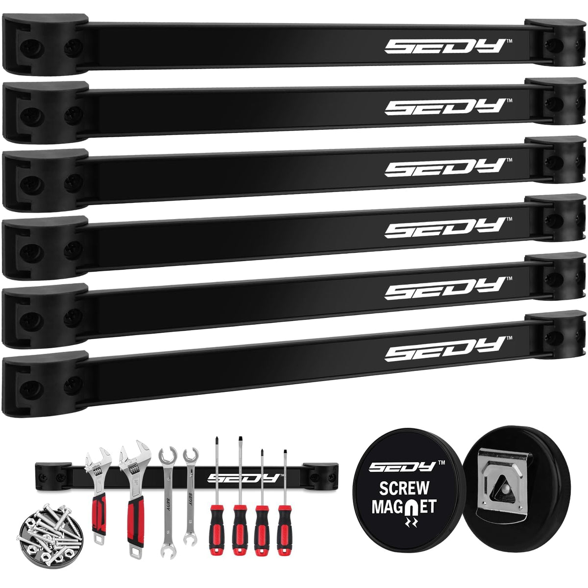 SEDY magnetic tool holder strip in the garage for quick tool access and organization.