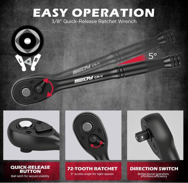 SEDY metric sockets 8 to 22 mm ideal for engine maintenance.