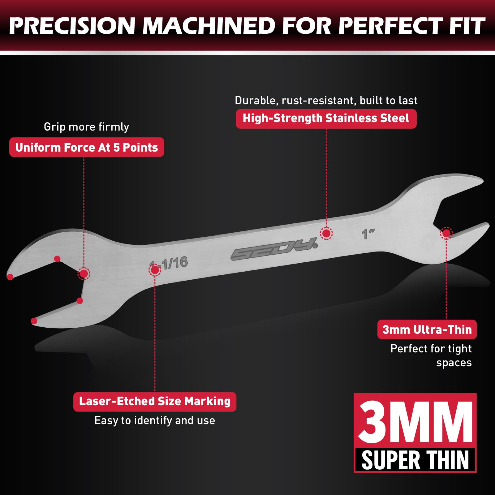 SEDY nickel-plated flat wrenches resist corrosion for long-lasting use.