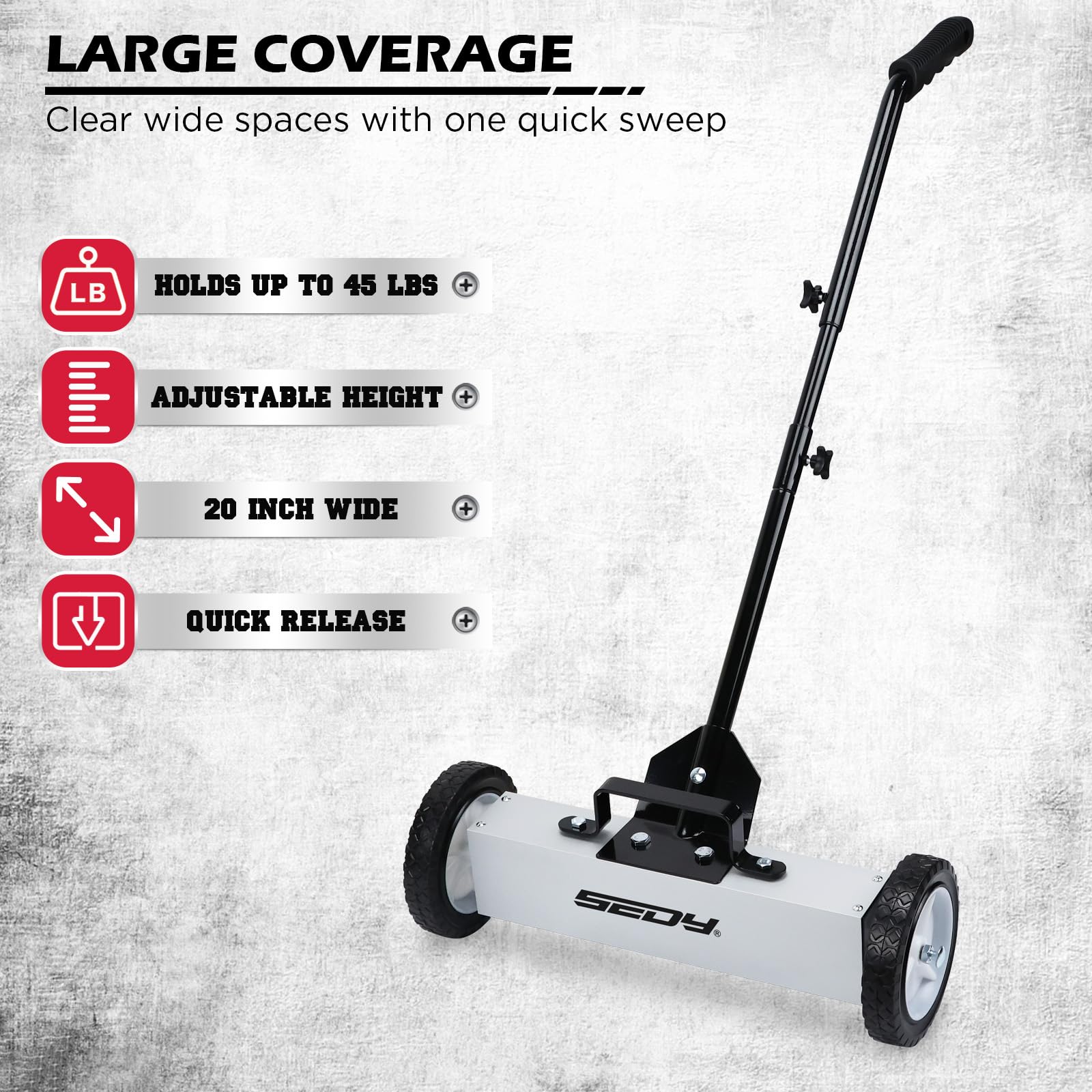 SEDY nine-point-five-inch magnetic tray attached to sweeper for quick pickups