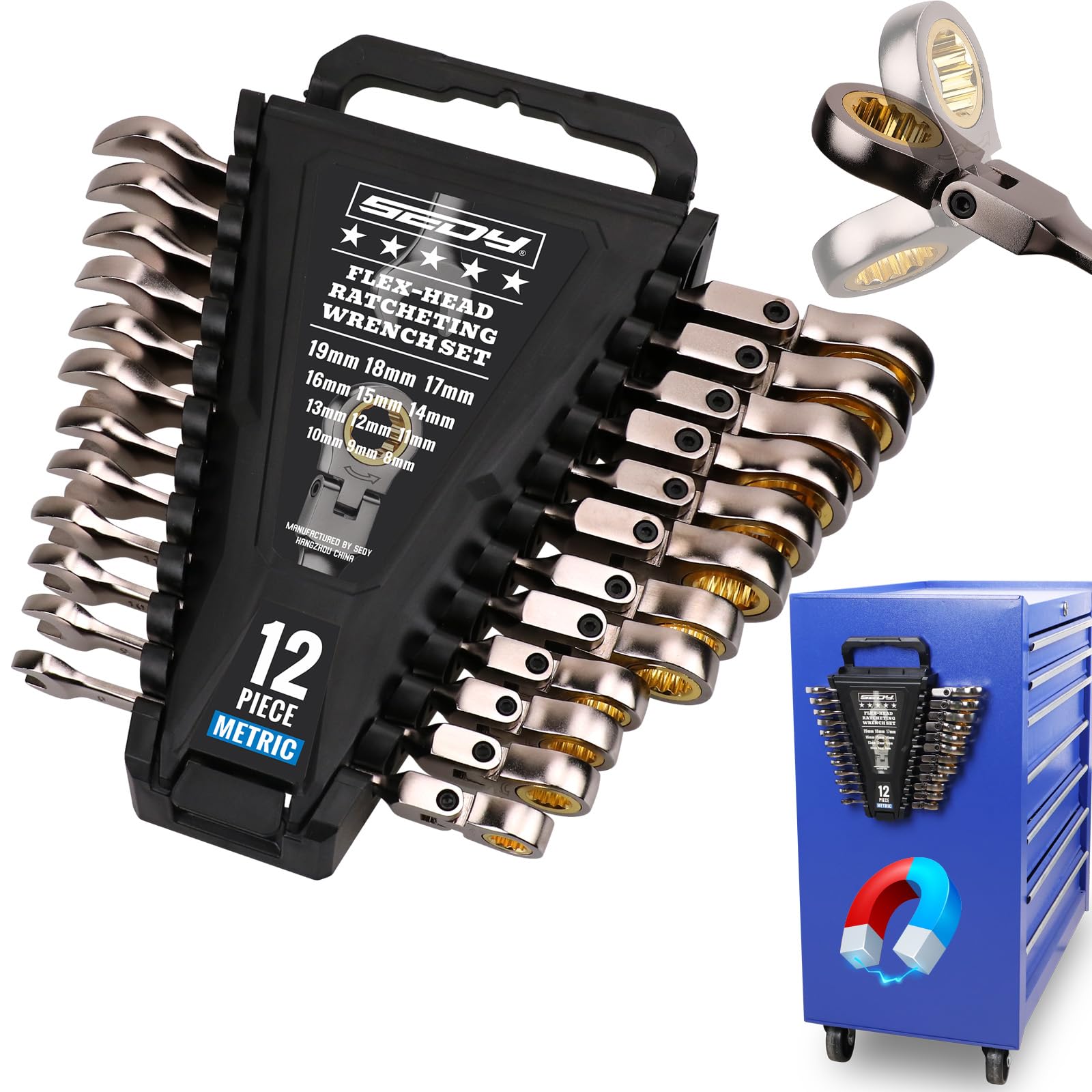 SEDY 12-piece metric flex-head wrenches with 180° reach for tight spaces.