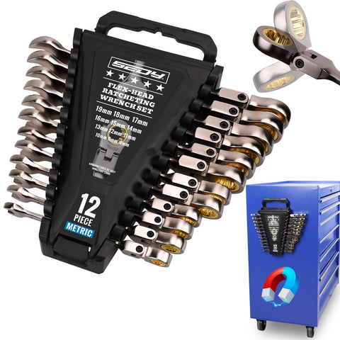SEDY 12-piece metric flex-head wrenches with 180° reach for tight spaces.