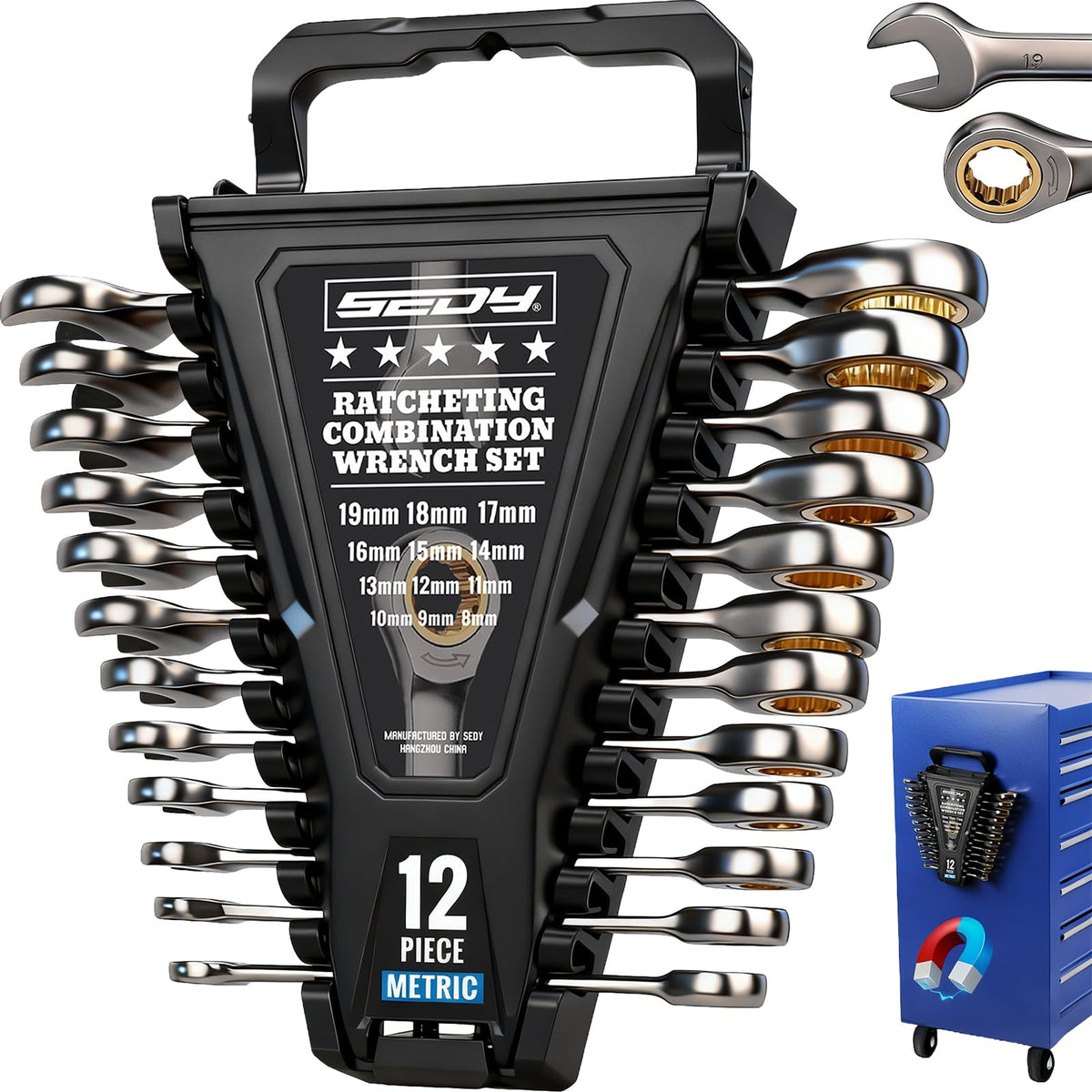 SEDY premium 12-piece metric ratcheting wrenches, 8–19mm, ideal for automotive repairs.
