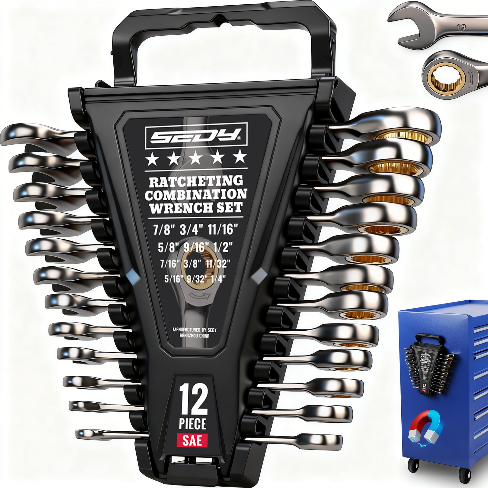 Sedy premium 12-piece SAE ratchet wrenches set for automotive repairs.