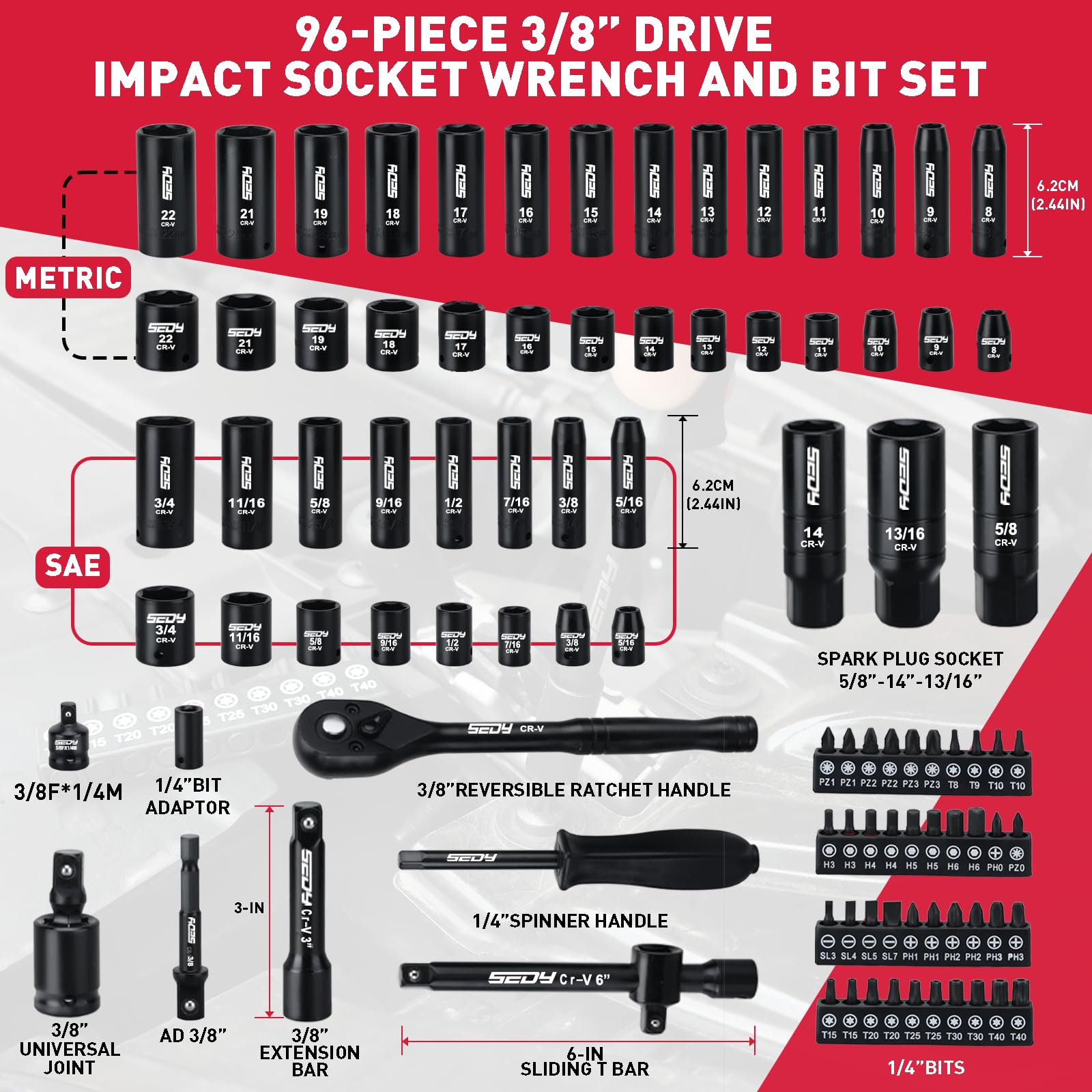 SEDY SAE and metric sockets range from 5/16 to 3/4 inches for versatile tasks.