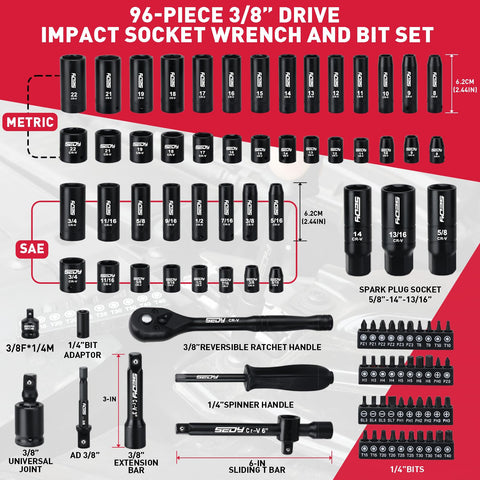 SEDY SAE and metric sockets range from 5/16 to 3/4 inches for versatile tasks.